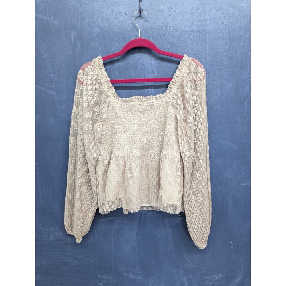 Forte Lace Smocked Babydoll Top XL Boho Cottagecore Balloon Sleeve Beige - Picture 7 of 12
